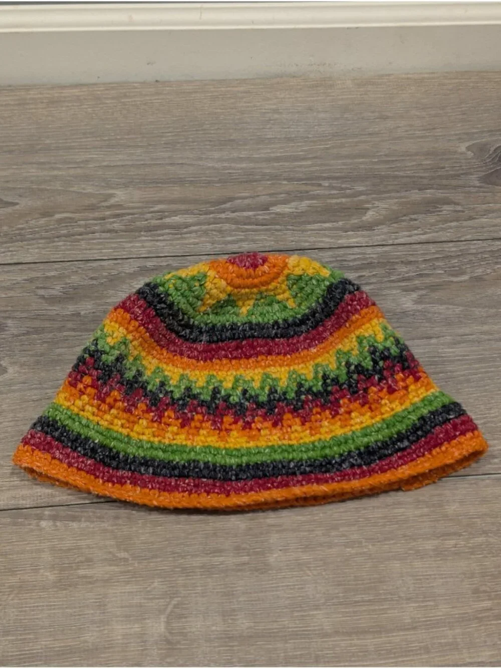 Casa De La Lana Bucket Hat Rainbow Handknit 100% Wool Boho Festival Stripe Sun
